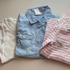 Chic Blue Polka Dot with a white tank top and a Pink Striped Shirts